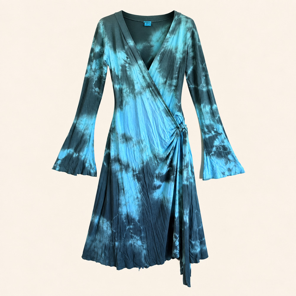 Love Tanjane Blue Teal Tie Dye Wrap Dress Bell Sleeve Boho Y2K Size S